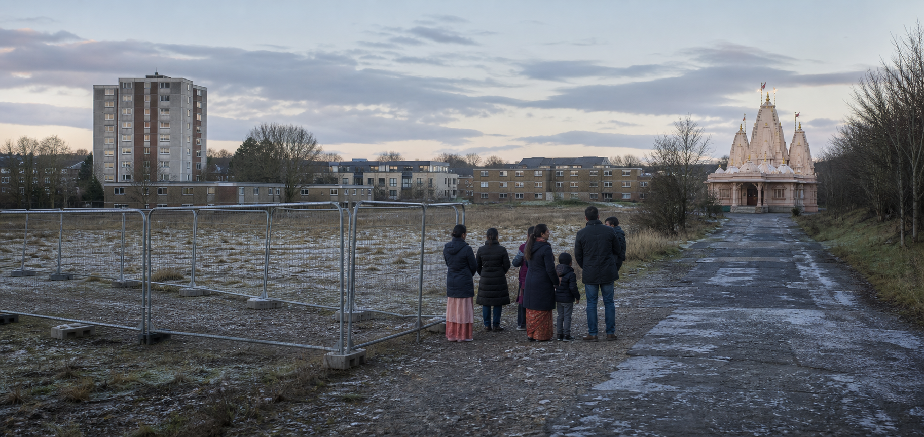 Hindu families stand between a fenced empty community plot and a distant temple building in a conceptual British new-town landscape.
