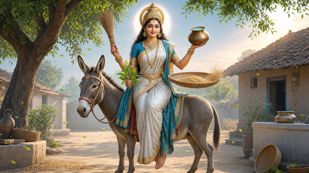 Digital illustration of four-armed Shitala Mata seated on a donkey, holding a broom, water pot, neem branch, and grain-filled winnowing tray.