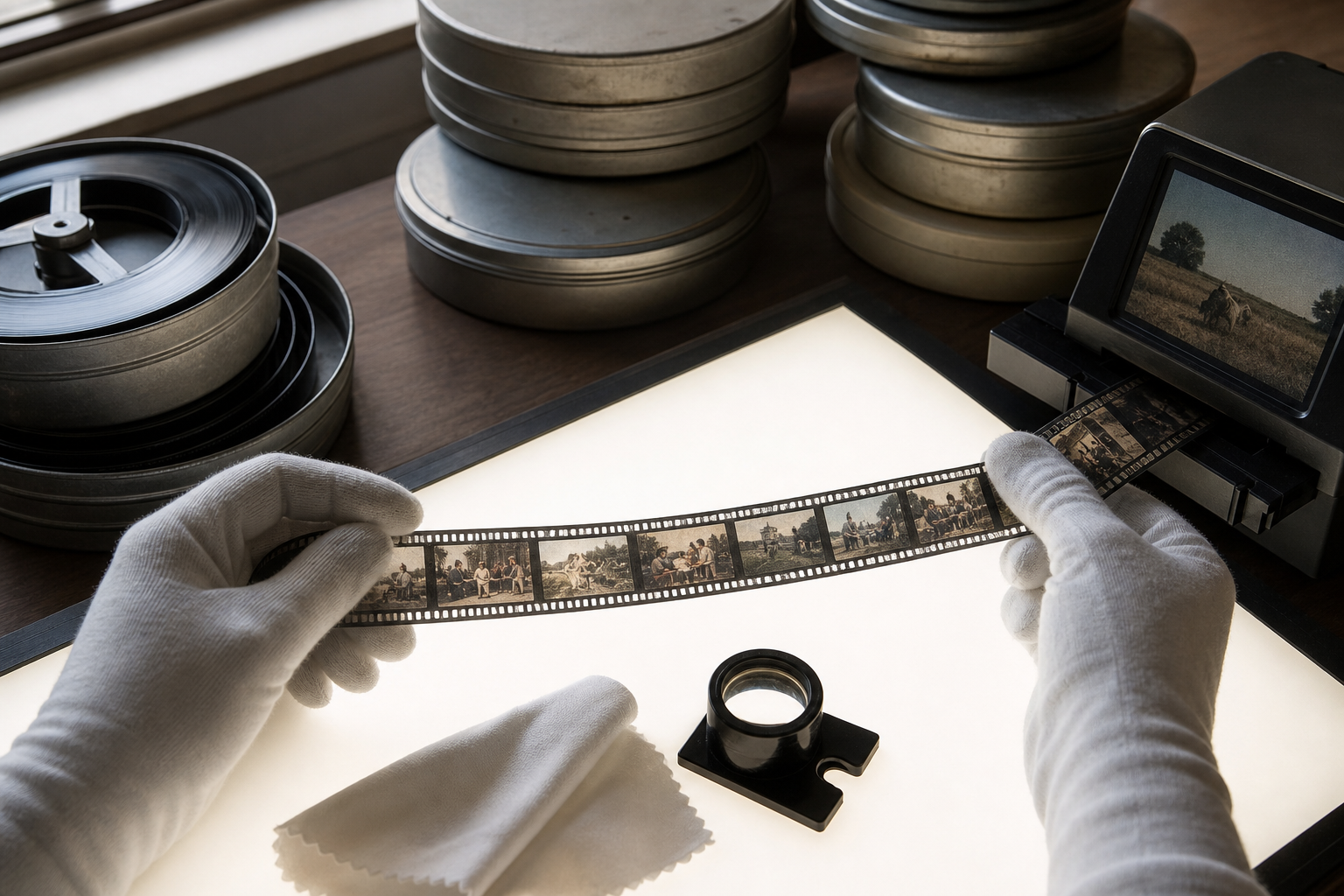 An artisan's hands, woven cloth, bamboo tools and an unfinished mask are illuminated by a small film projector on a worktable.