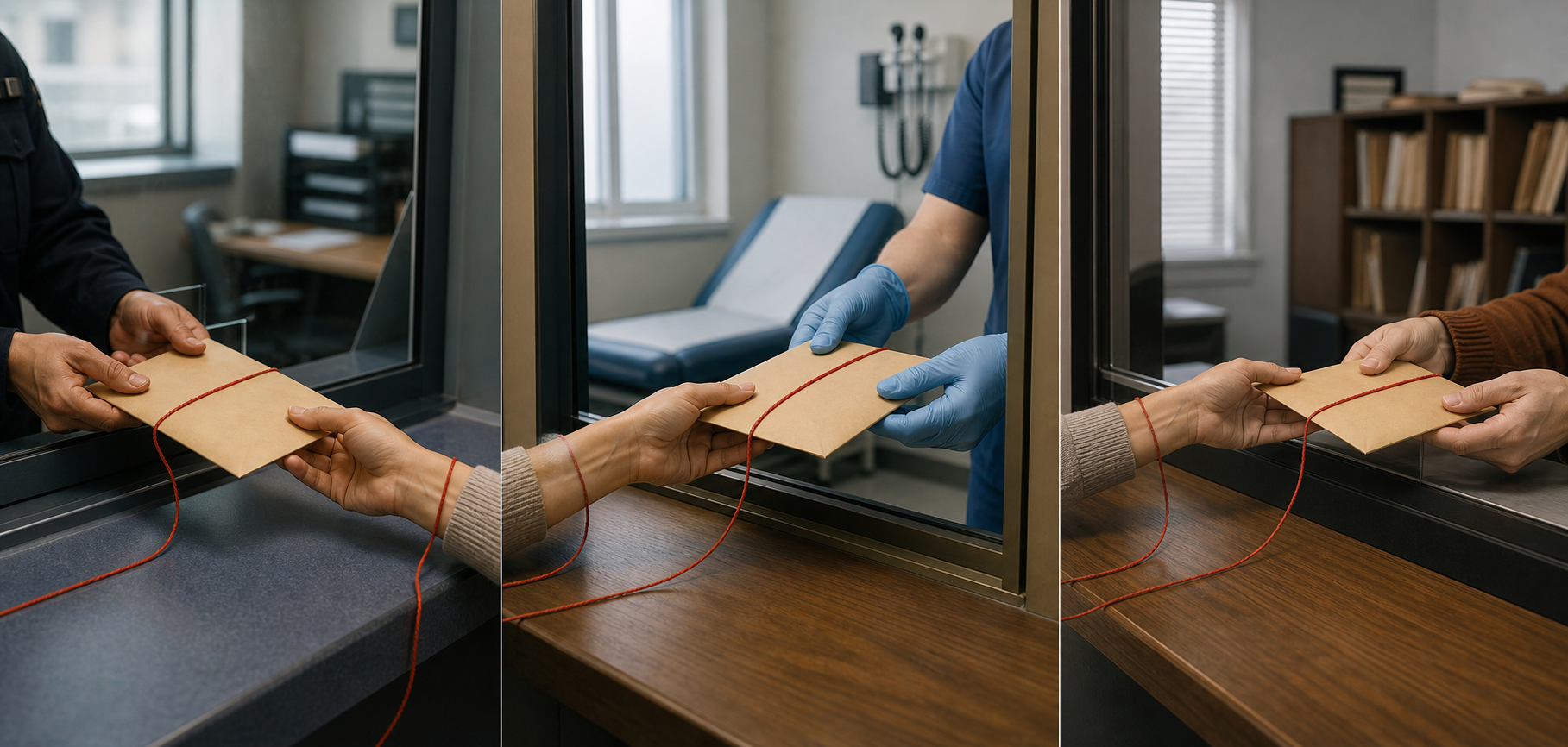 A sealed evidence envelope is passed by hand through connected police, medical and court service settings, with a red thread linking each stage.