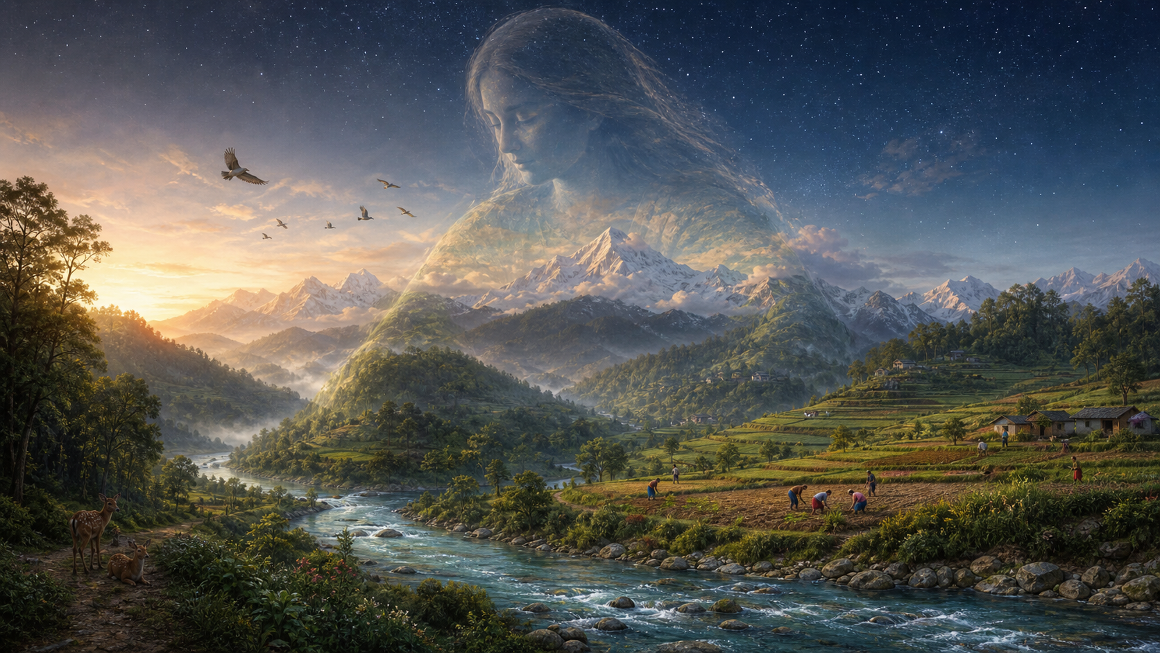 Translucent maternal presence watching over a Himalayan valley of rivers, forests, farms, wildlife and villages at dawn.