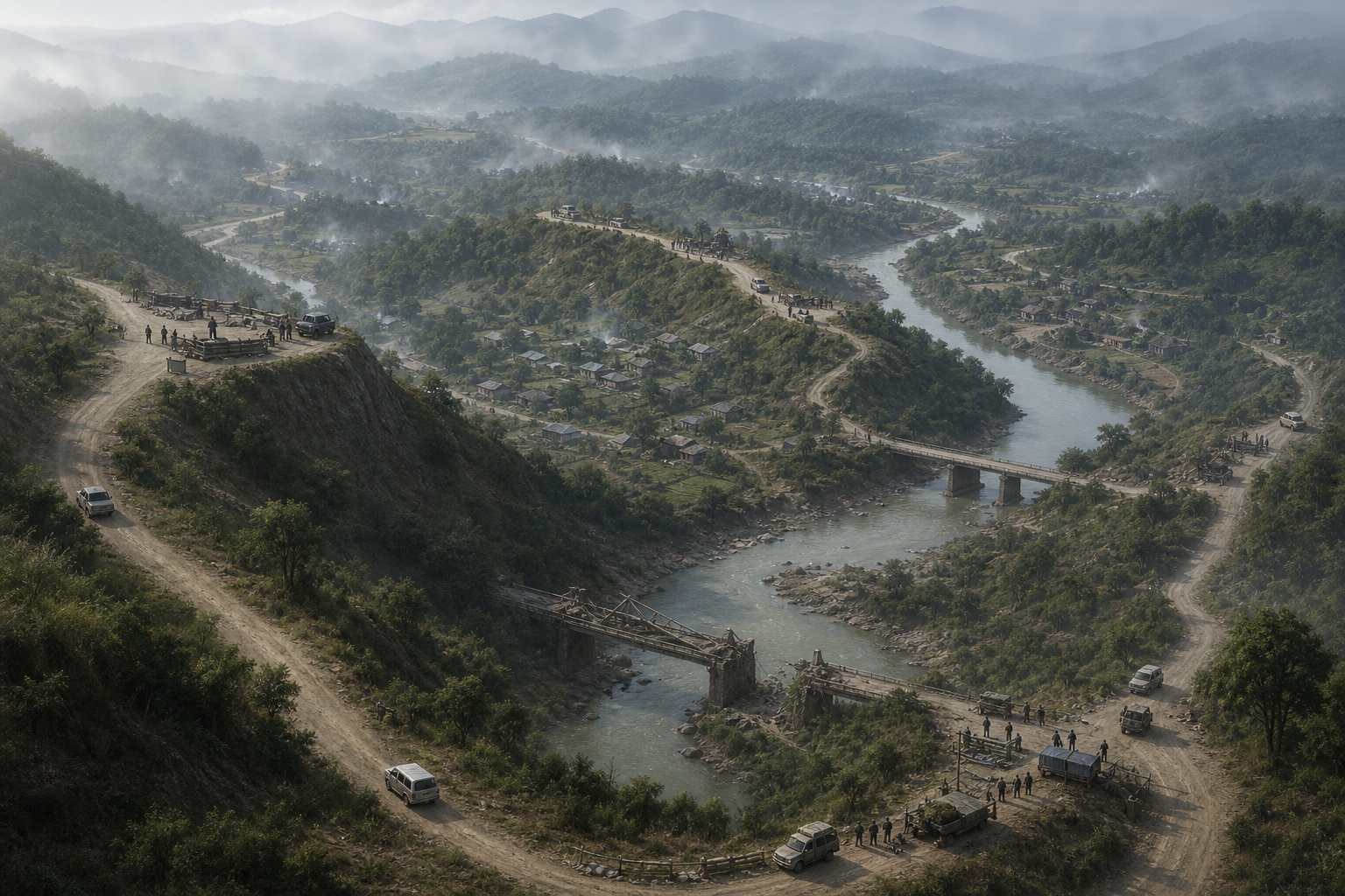 Forested hills, villages, damaged bridges and separate unmarked checkpoints show a landscape divided among multiple armed groups.