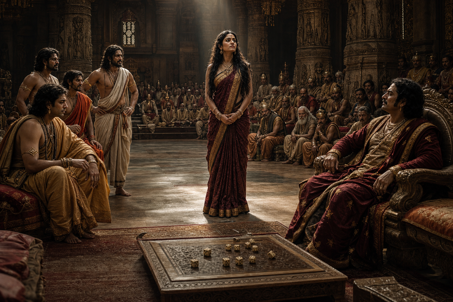Yudhishthira sits beside a dice board in a shadowed royal court while Draupadi, the Pandavas, elders, and courtiers react tensely.