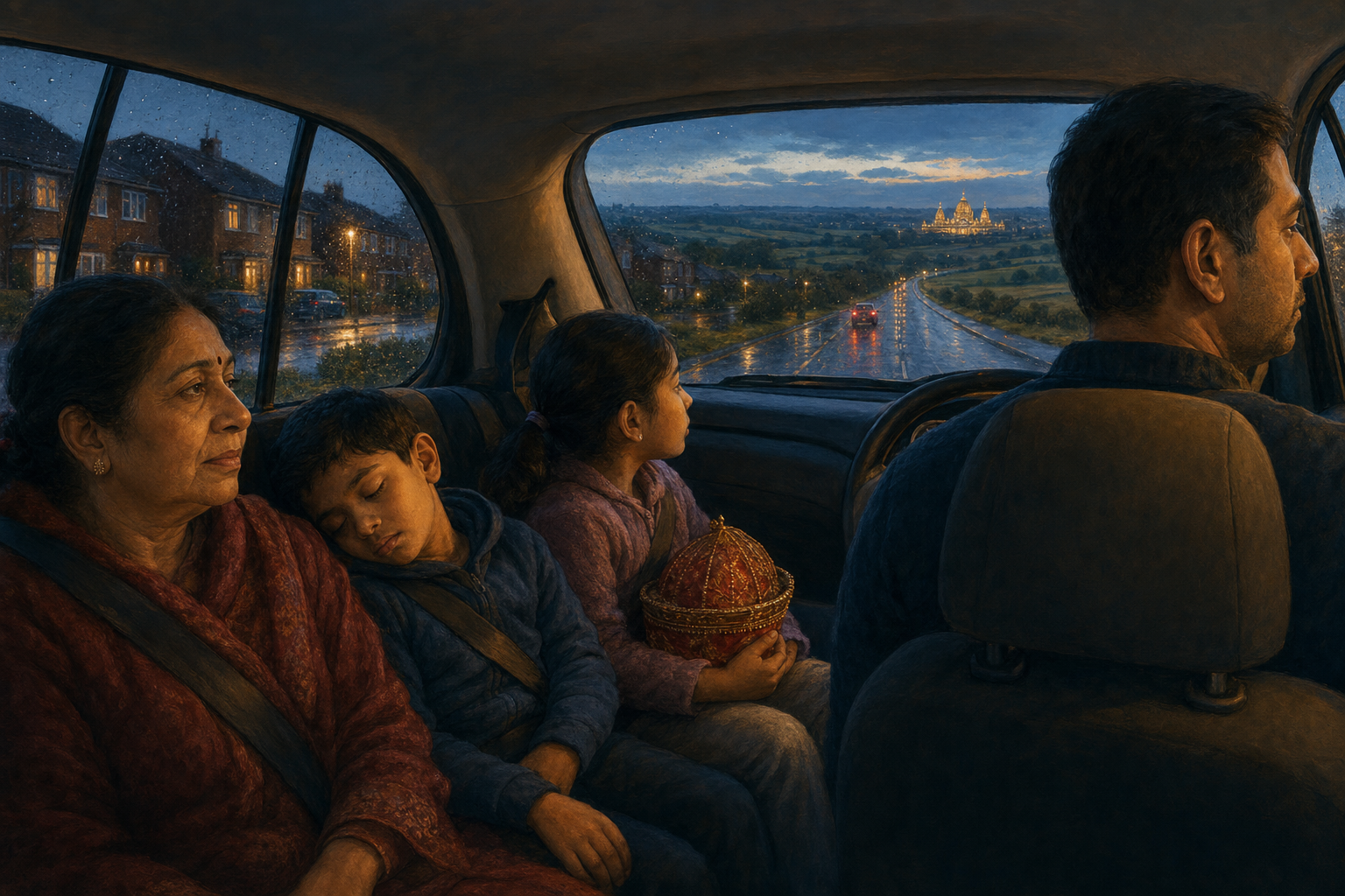 A Hindu family travels by car at dusk along a wet road toward a faintly visible temple in the distance.