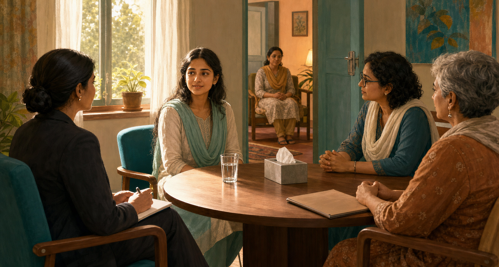 A woman meets with a legal advocate, counsellor and case reviewer in a private consultation room while a support person waits nearby.