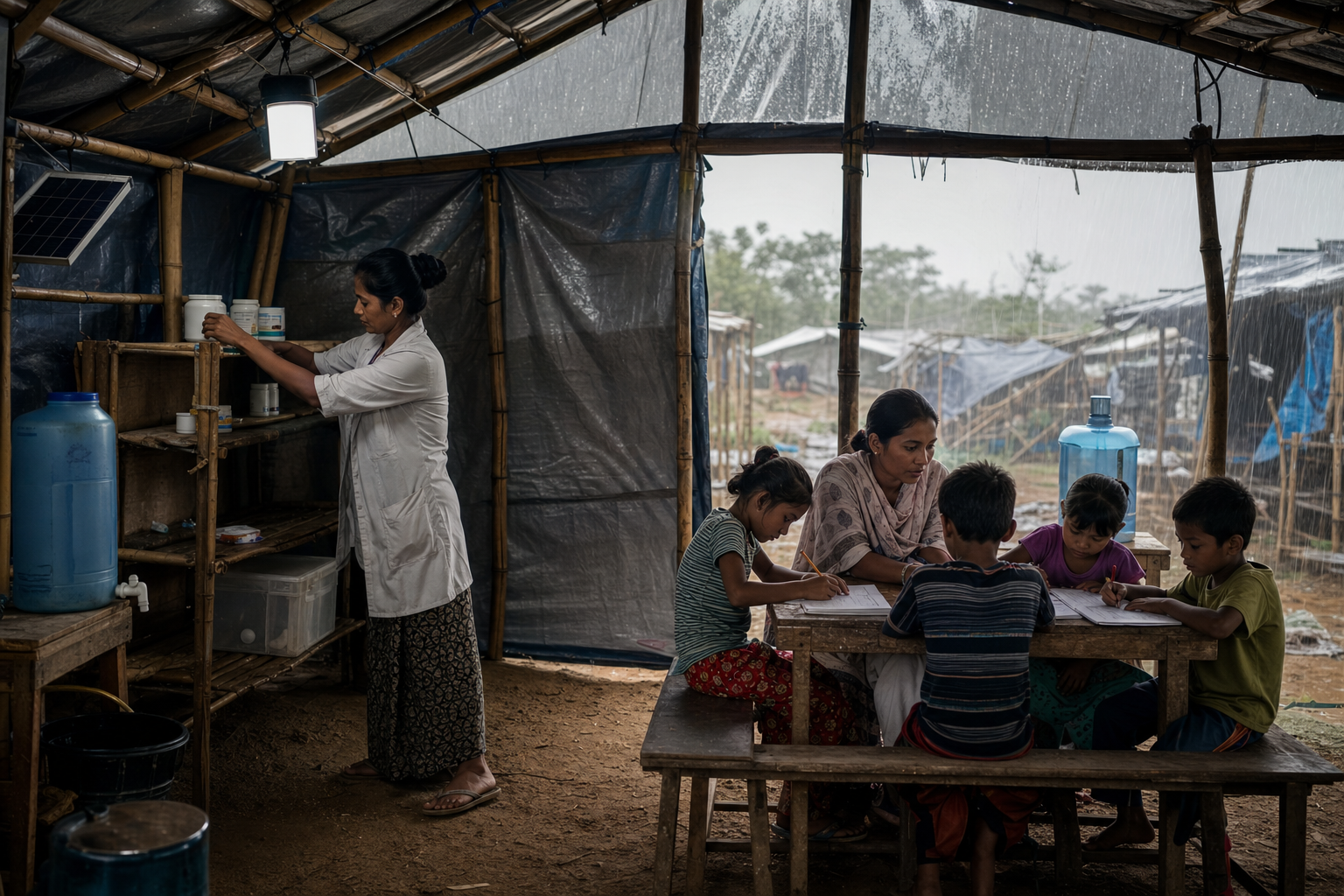 A temporary bamboo shelter contains a small clinic and learning area with sparse medicine, water containers, a health worker, a teacher and children.