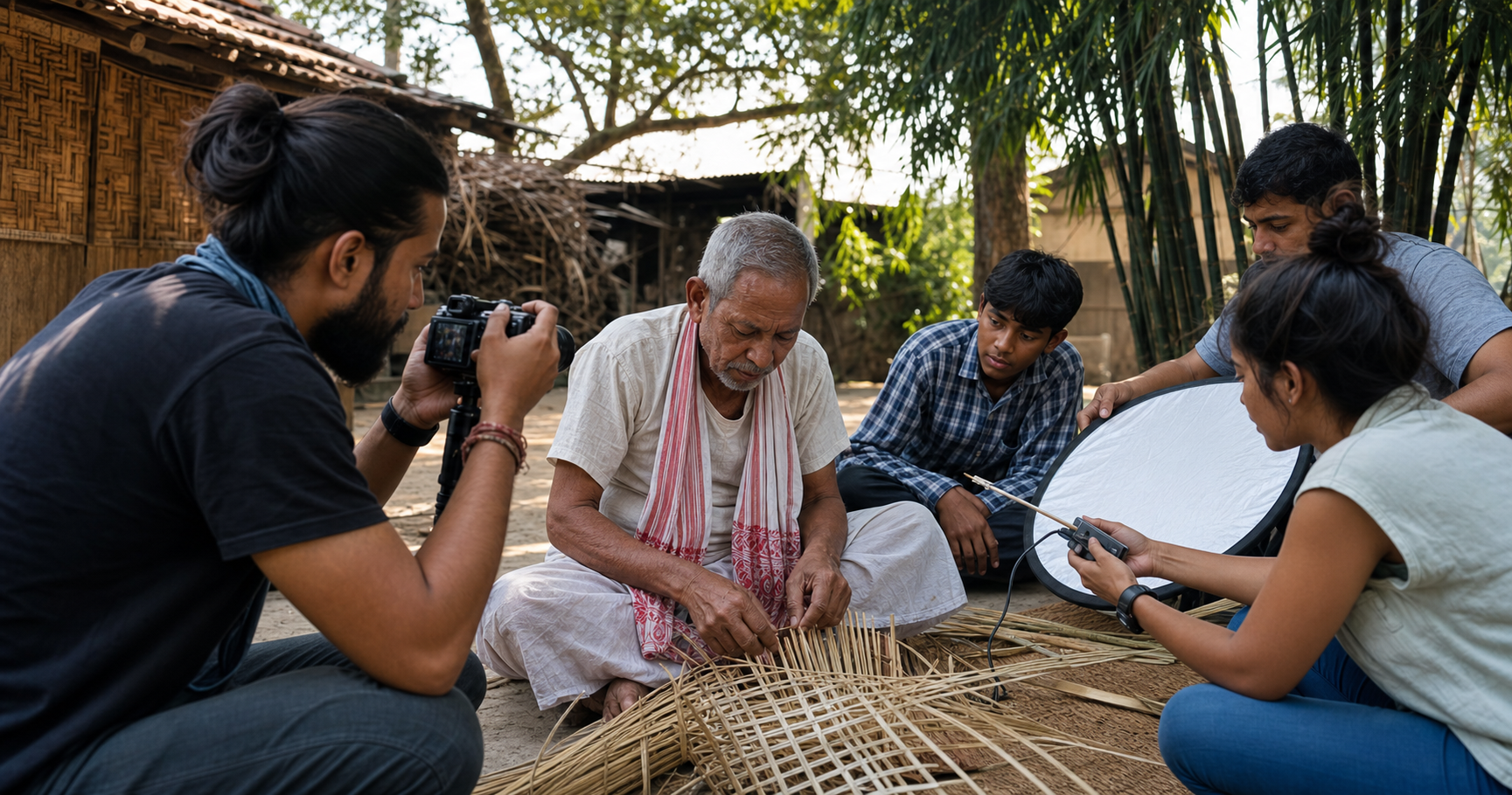 A small film crew records an Assamese handloom artisan at work on a shaded veranda in Guwahati.