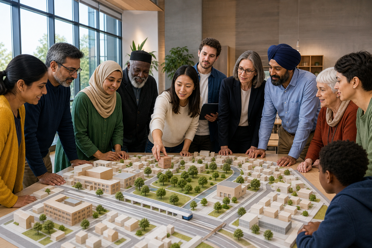 Residents of varied faiths and backgrounds work with town planners around a model of a new neighbourhood containing homes and a community building.