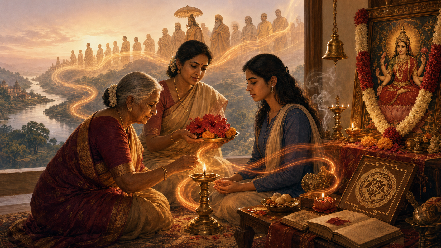 Three generations of Indian women gather at a home shrine as a grandmother lights a brass diya and a golden current links the ritual to a river and ancestral teachers.
