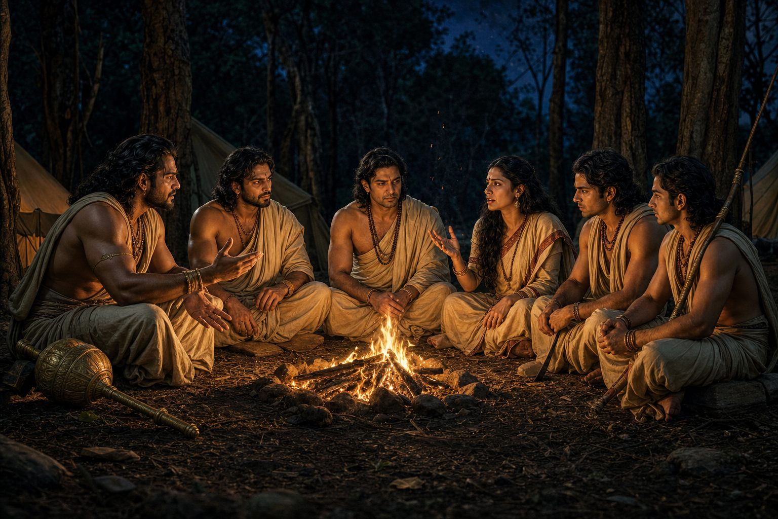 Draupadi and the five Pandava brothers debate around a forest campfire, with their weapons resting nearby.