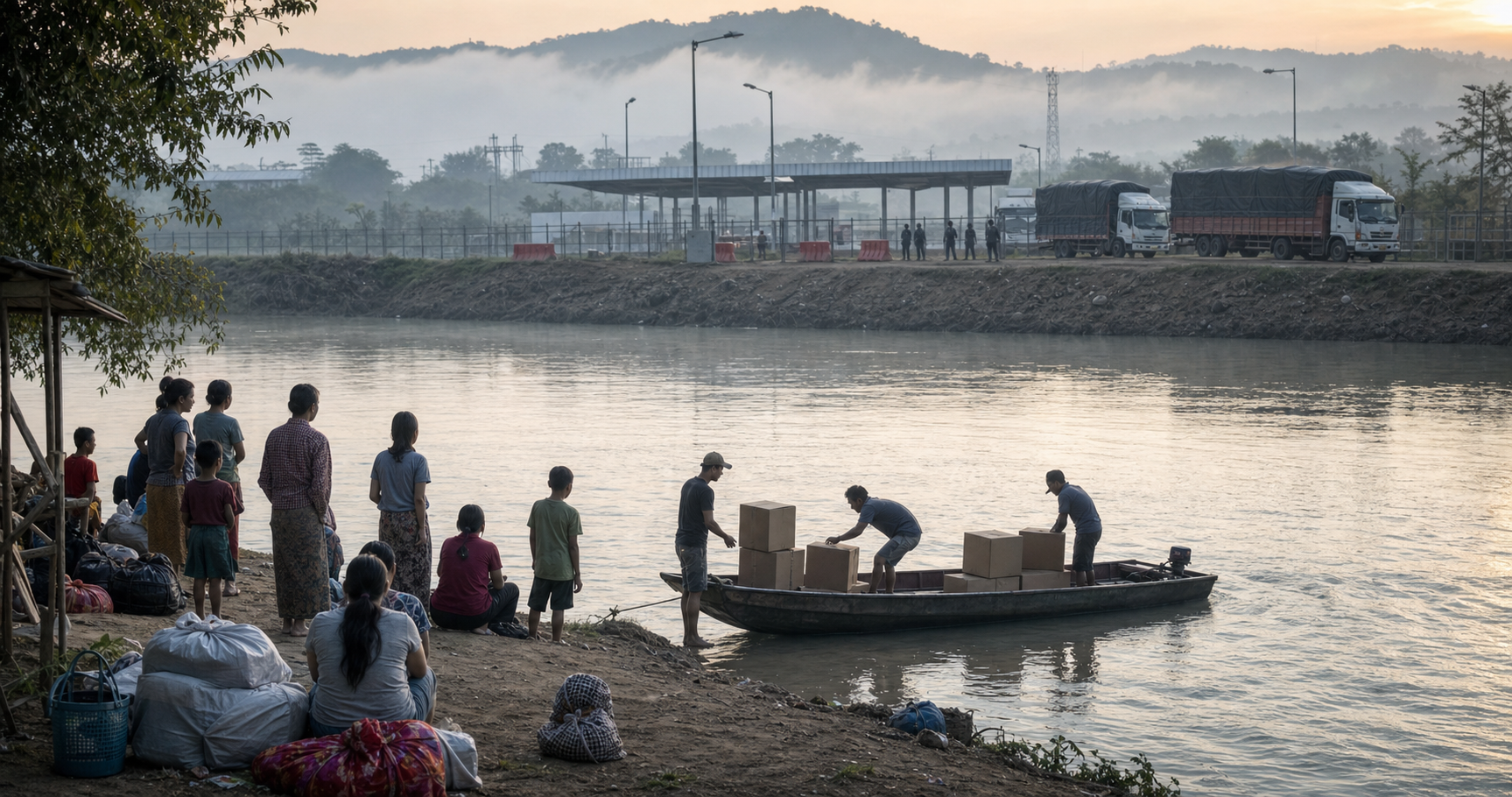 Displaced families and aid workers gather beside a misty border river as unmarked boats and cargo trucks wait near the crossing.