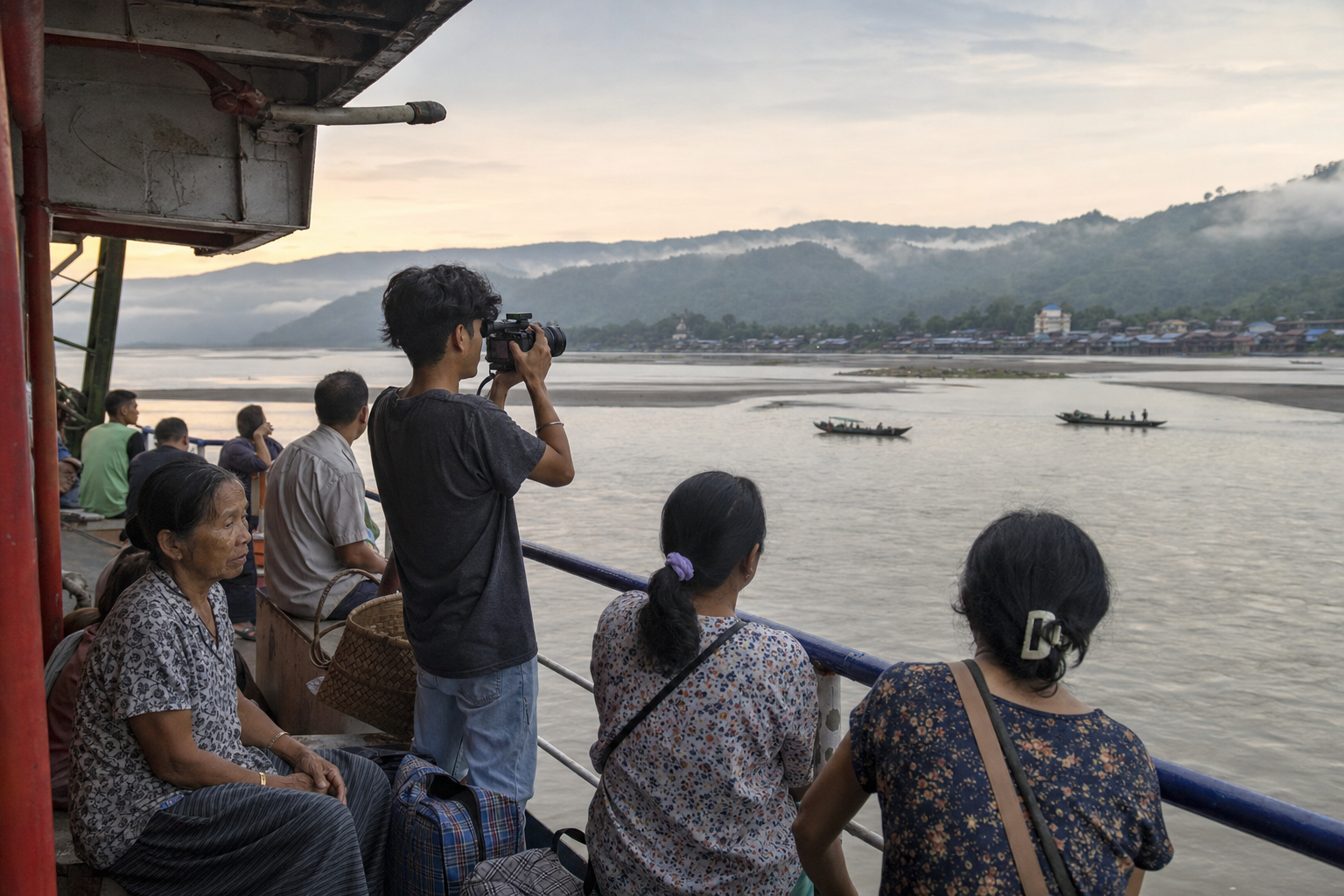 A documentary crew films a diverse community group examining a riverside wetland, including an older resident, a wheelchair user, a craft worker and young volunteers.