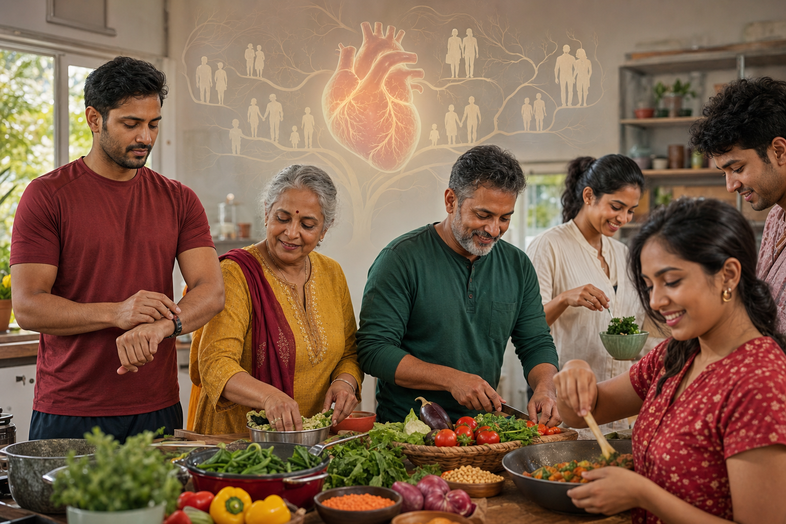 A multigenerational Bharatiya diaspora family prepares a healthy meal together while one person checks their pulse after exercise.
