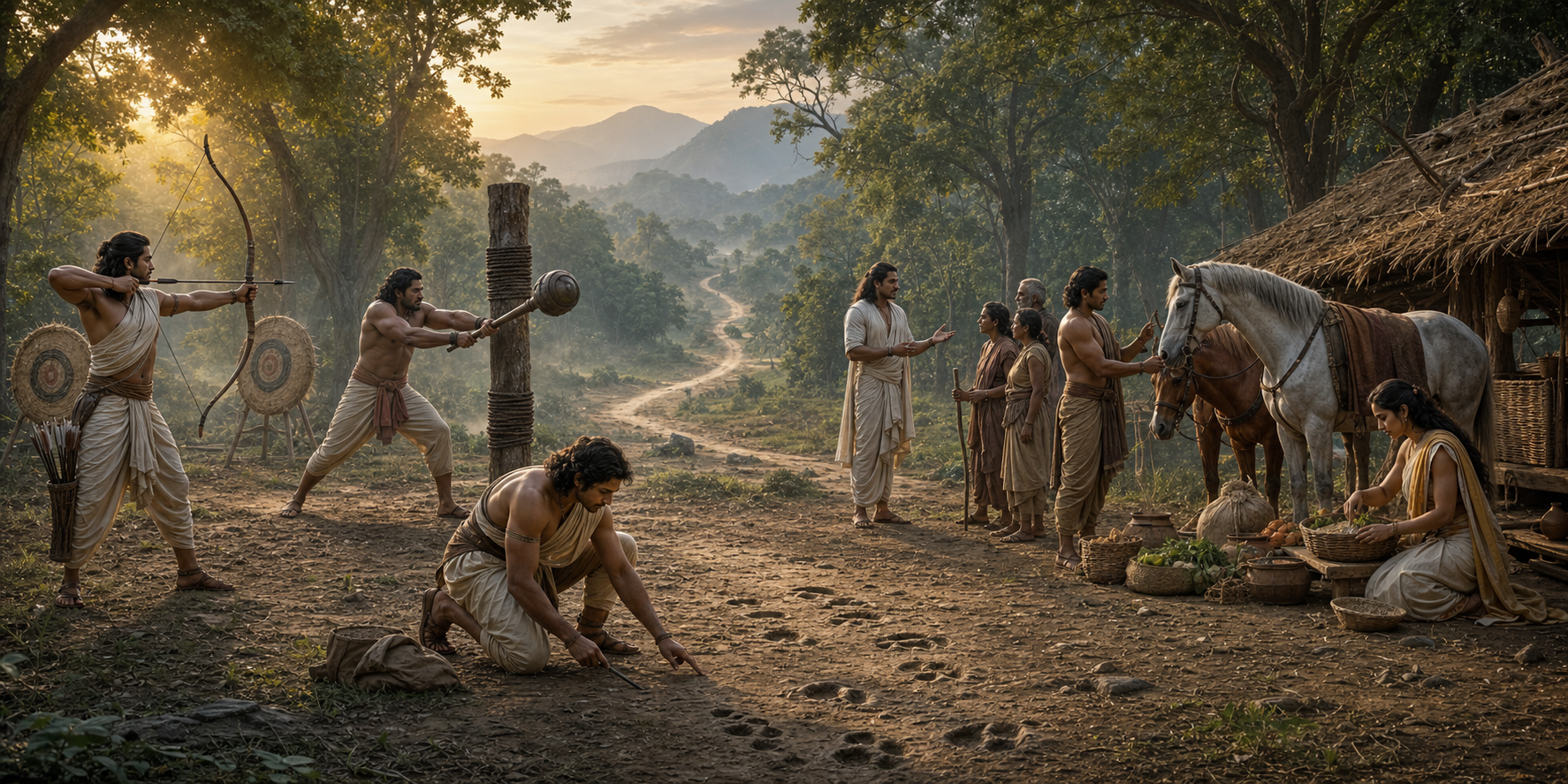 The Pandavas and Draupadi train, tend horses, study the forest, meet local residents, and manage provisions during exile.