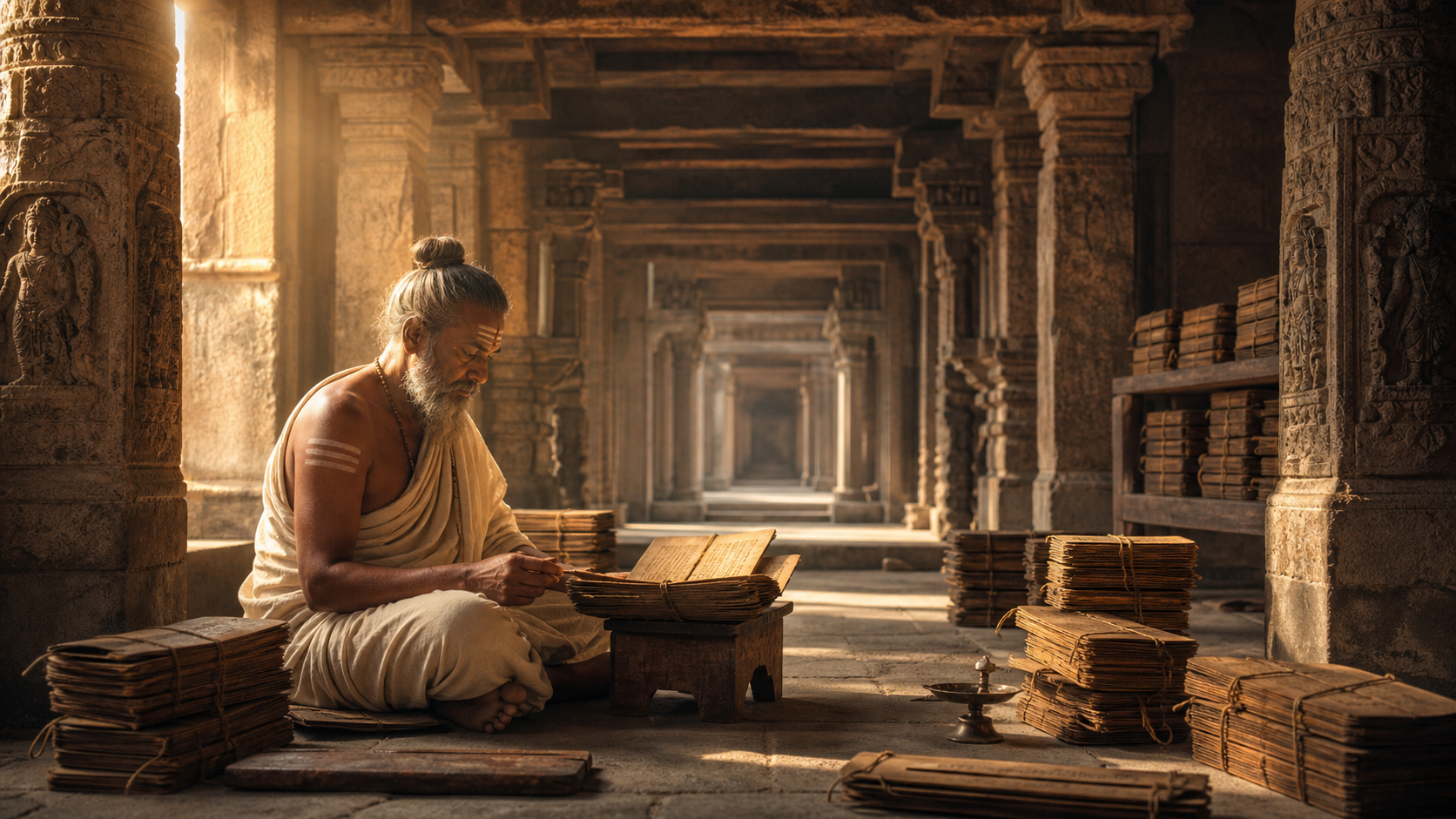 A medieval South Indian scholar studies palm-leaf manuscripts among the stone pillars of a temple library.