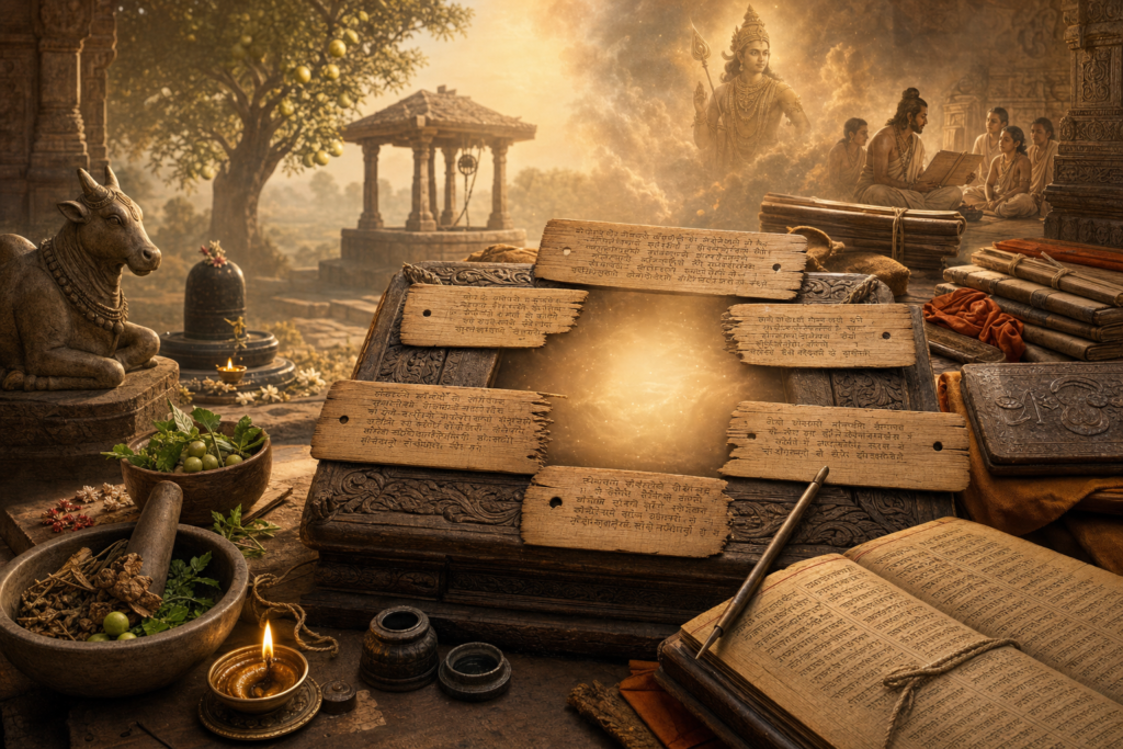 Fragmented palm-leaf manuscripts surrounding a symbolic golden void in an ancient Indian atelier, with Nandin, a Shiva linga, herbs, and scholars nearby.