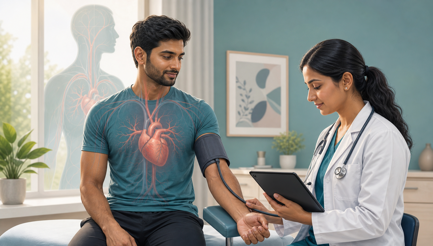 A fit-looking South Asian adult undergoes a blood pressure check with a subtle illustration of the heart and blood vessels in the background.
