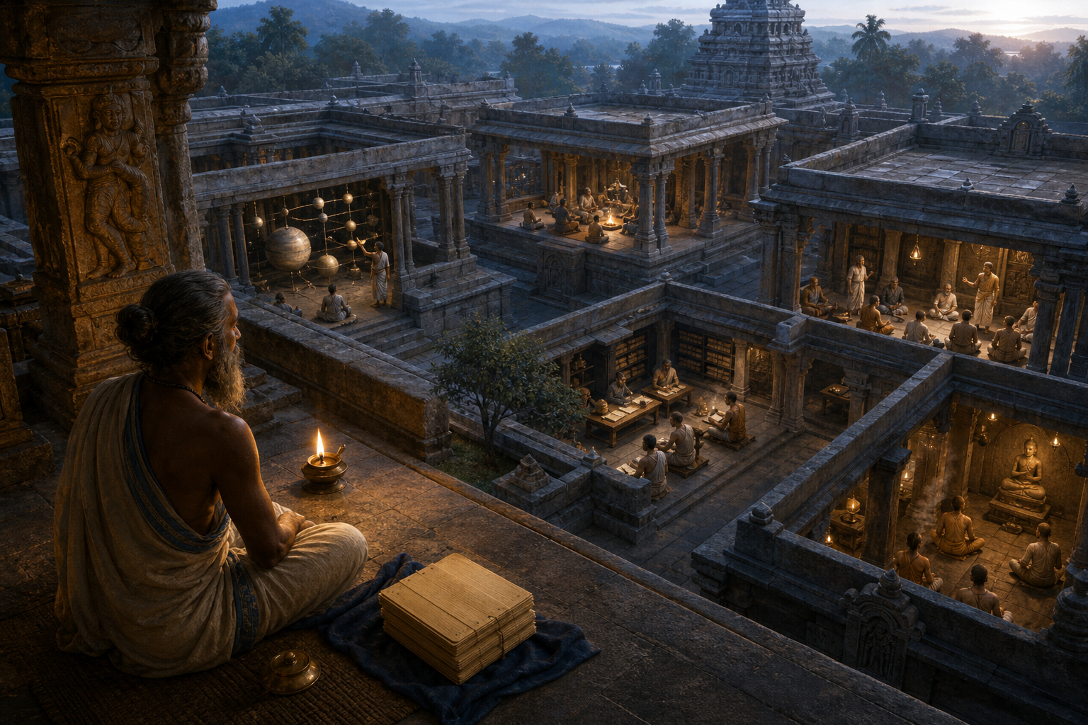 A seated medieval Indian scholar watches a small bundle of palm-leaf folios unfold into a large, orderly stone pavilion.