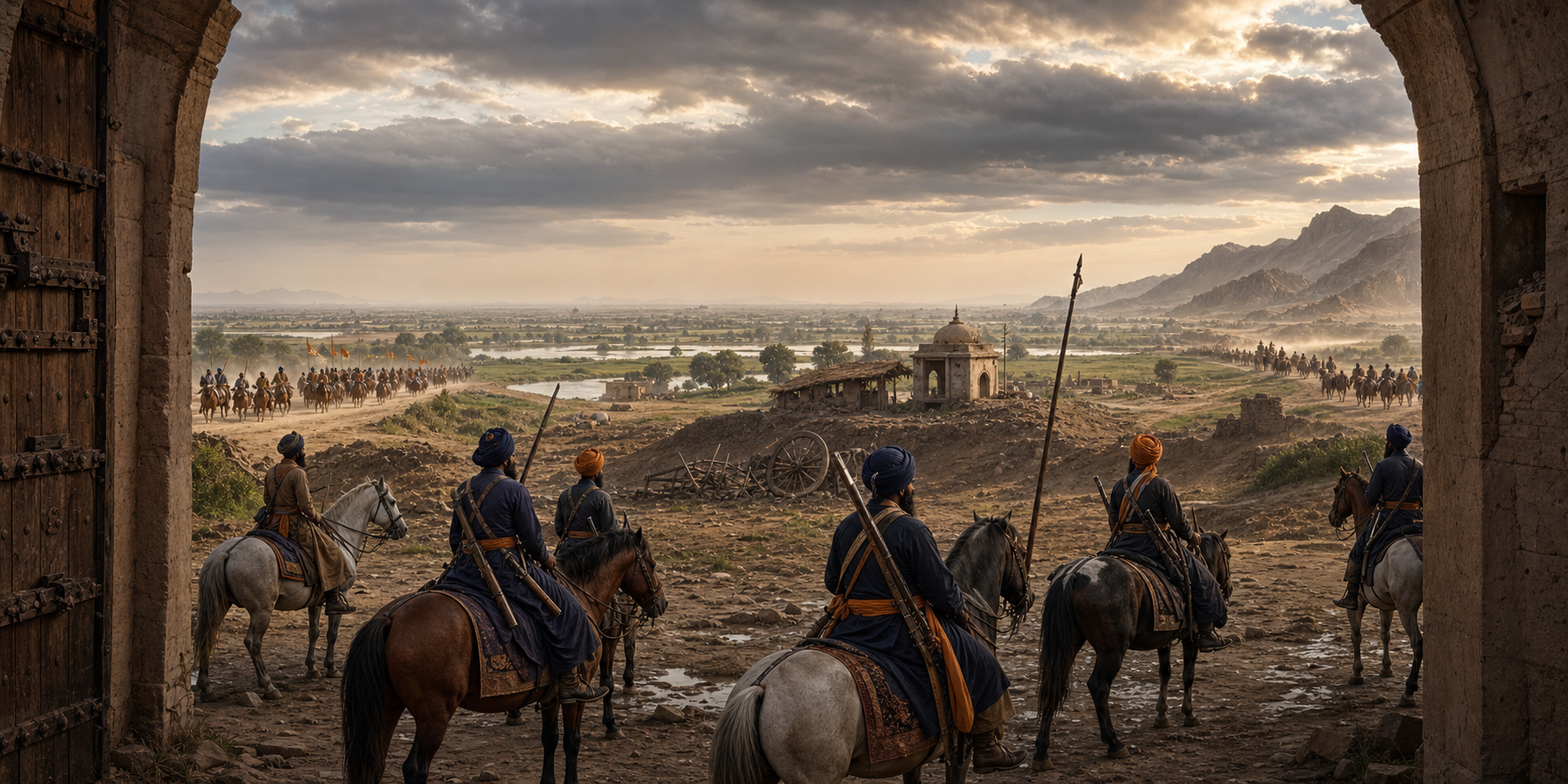 A symbolic eighteenth-century Punjab panorama with Sikh horsemen entering a weathered fort, a distant Maratha cavalry column, and Afghan troops receding toward the mountains.