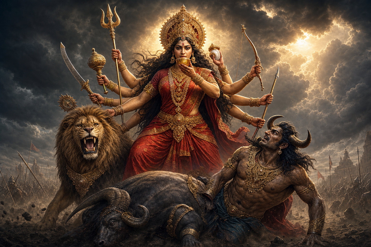Ugra Chandika stands with divine weapons and a golden cup as she confronts Mahishasura on a stormy battlefield, with her lion at her side.