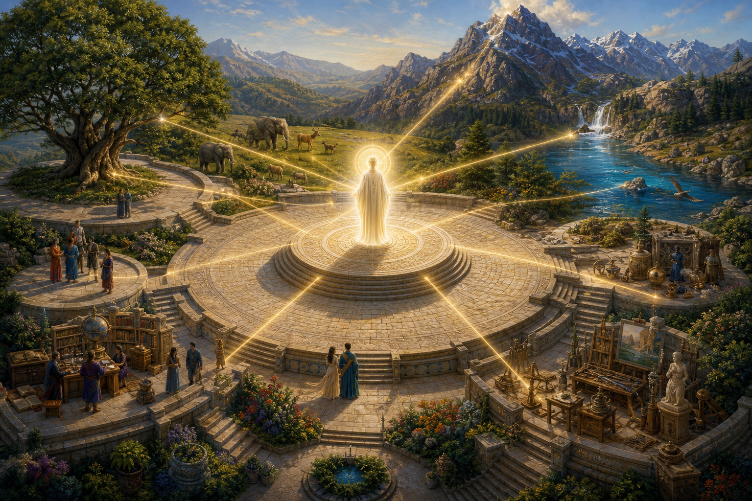 A radiant divine figure sustains distinct people, animals, plants, mountains, water, and objects arranged around a temple courtyard.