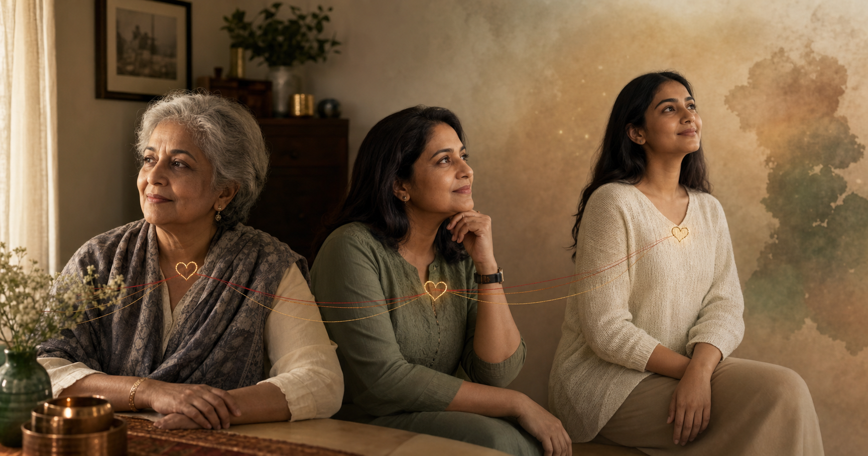 Three generations of a South Asian family are linked by subtle threads and heart motifs representing shared family health history.