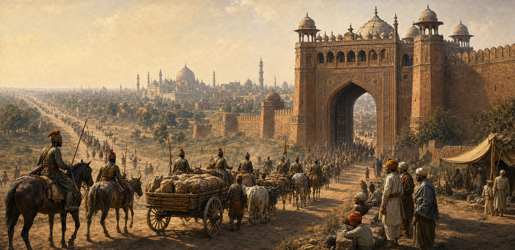 Maratha troops and supply carts approach a large Mughal-era gateway at Lahore after a long march across northern India.
