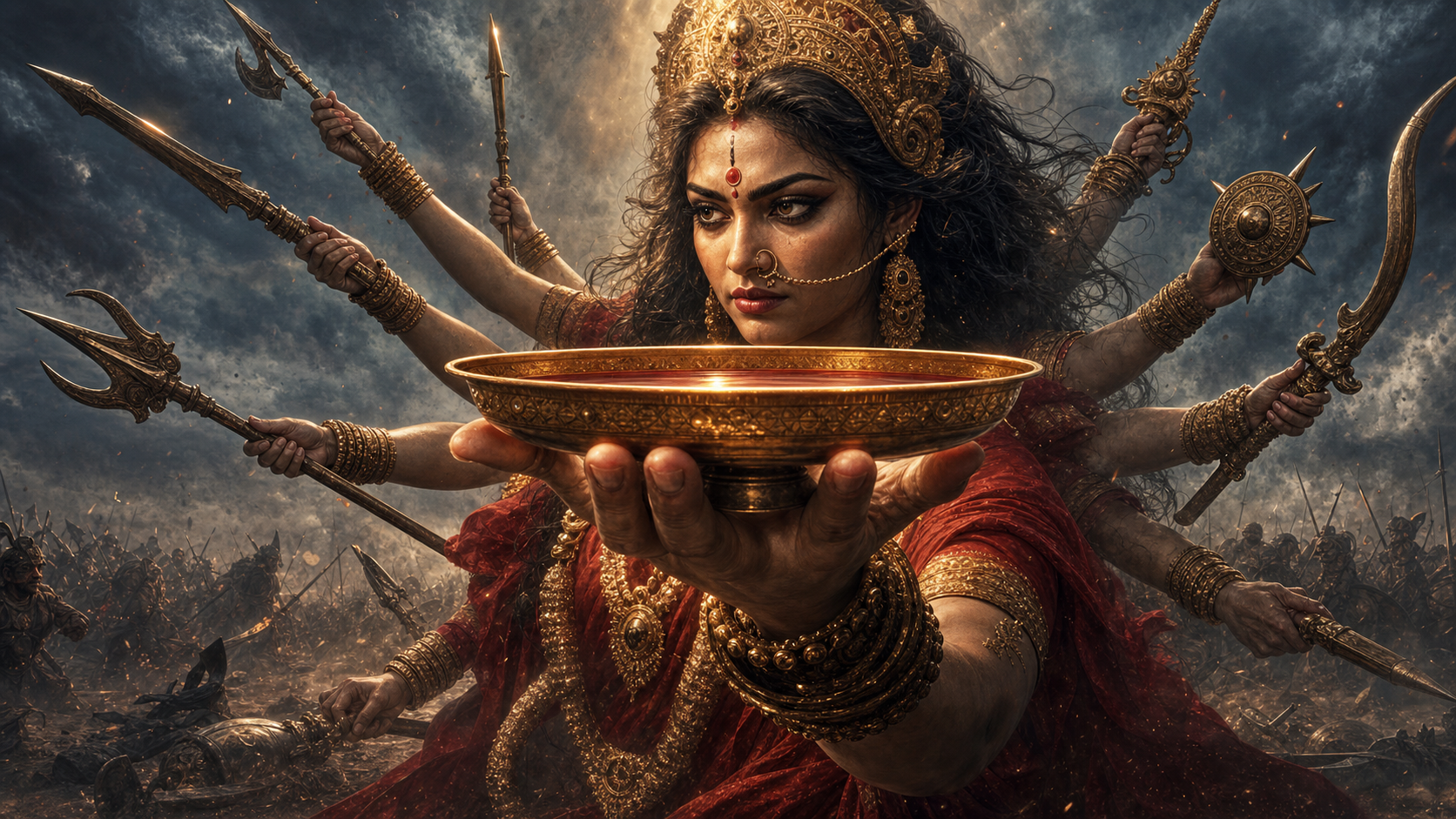 A composed Ugra Chandika holds a level golden cup while her other hands keep divine weapons steady above a chaotic battlefield.