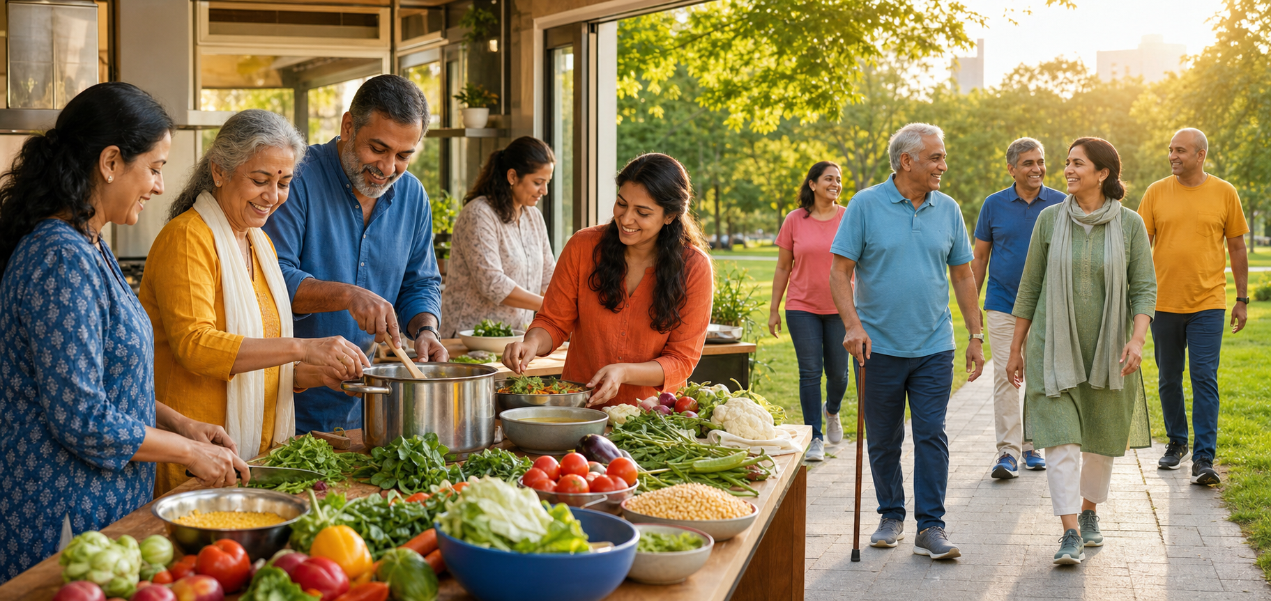 South Asian community members prepare a vegetable-based meal together as another group begins a walk in a nearby park.