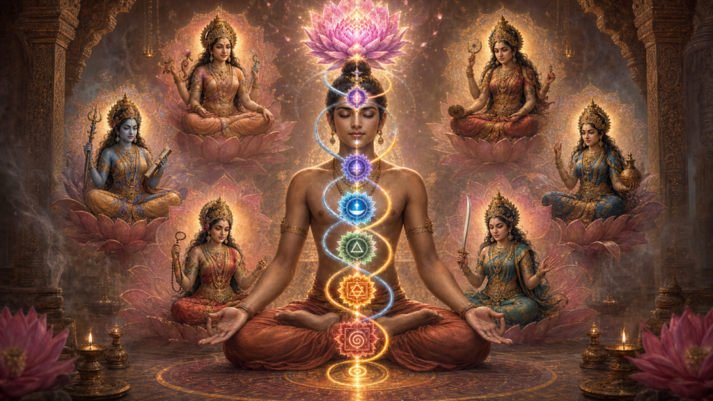 South Asian meditator in lotus pose with glowing chakra mandalas, intertwined gold and silver energy currents, and six Yogini figures in a temple.