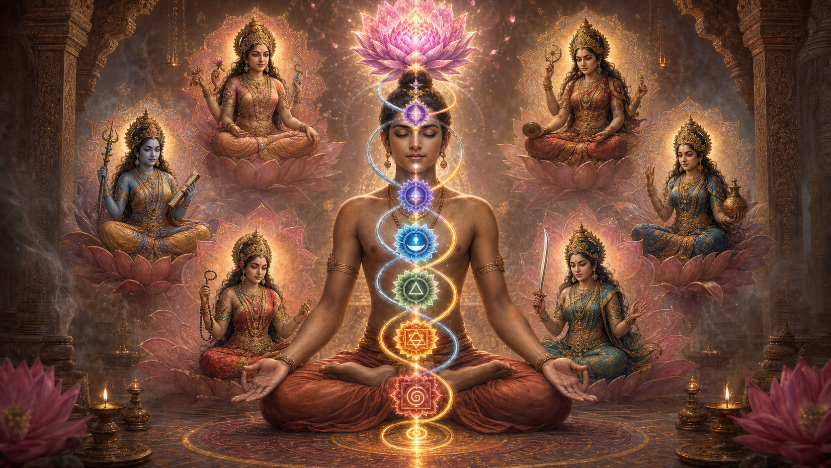 South Asian meditator in lotus pose with glowing chakra mandalas, intertwined gold and silver energy currents, and six Yogini figures in a temple.