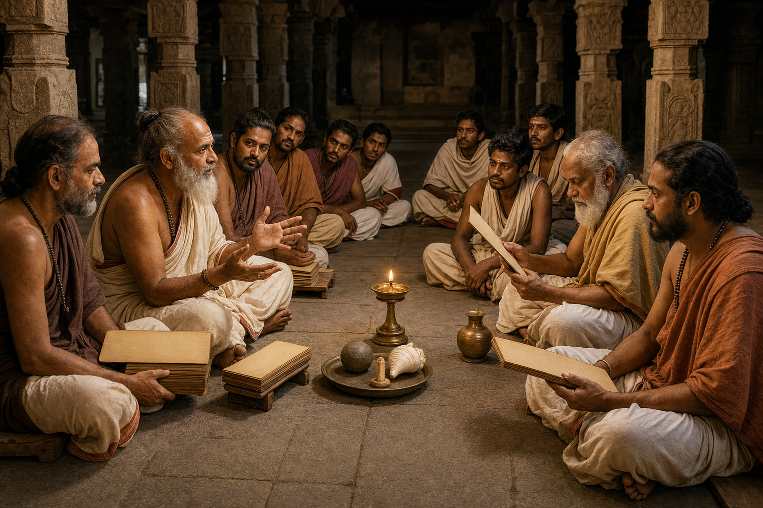 Scholars debate in a pillared hall while consulting blank palm-leaf folios and examining objects placed between them.