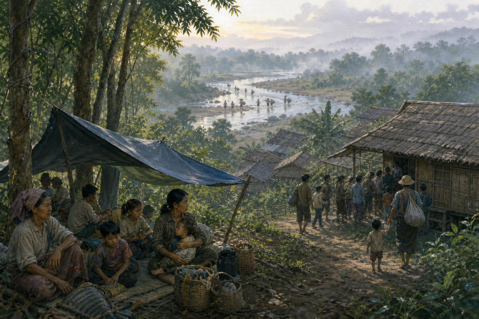 Displaced families shelter under tarpaulins, stay near a village home and cross a shallow river with their belongings.