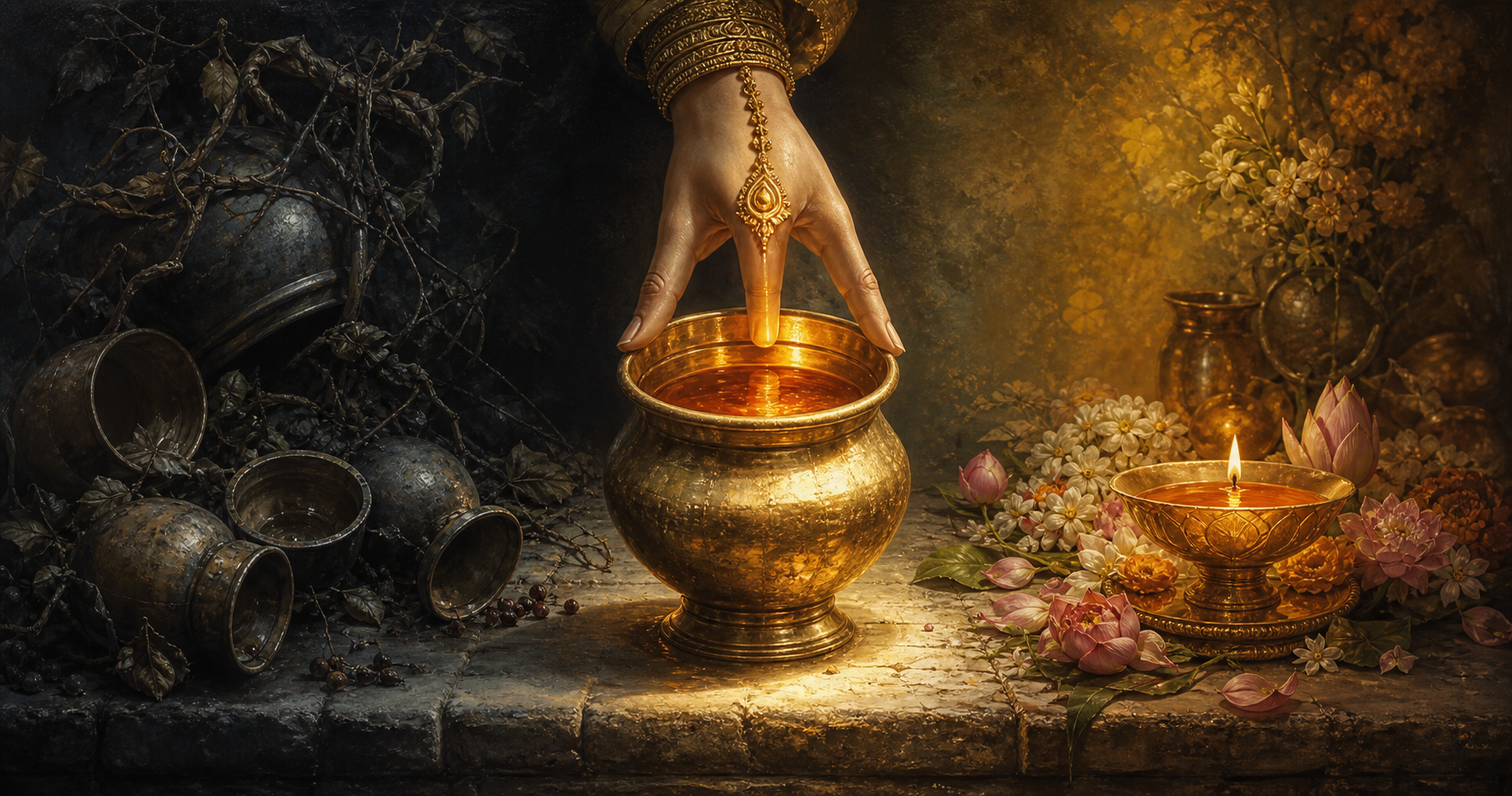A golden vessel of amber liquid is shown between a shadowed scene of disorder and a luminous ritual setting, with a divine hand poised above it.