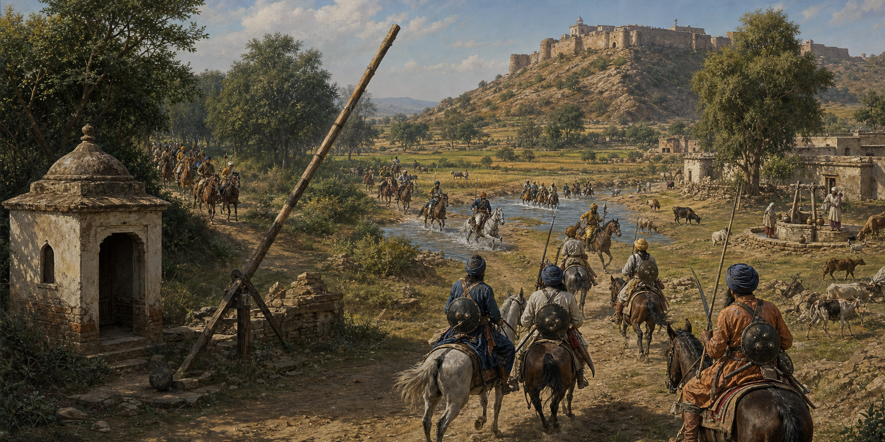 Separate bands of Sikh horsemen converge from fields, woodland, and a river crossing near an under-defended fort in eighteenth-century Punjab.