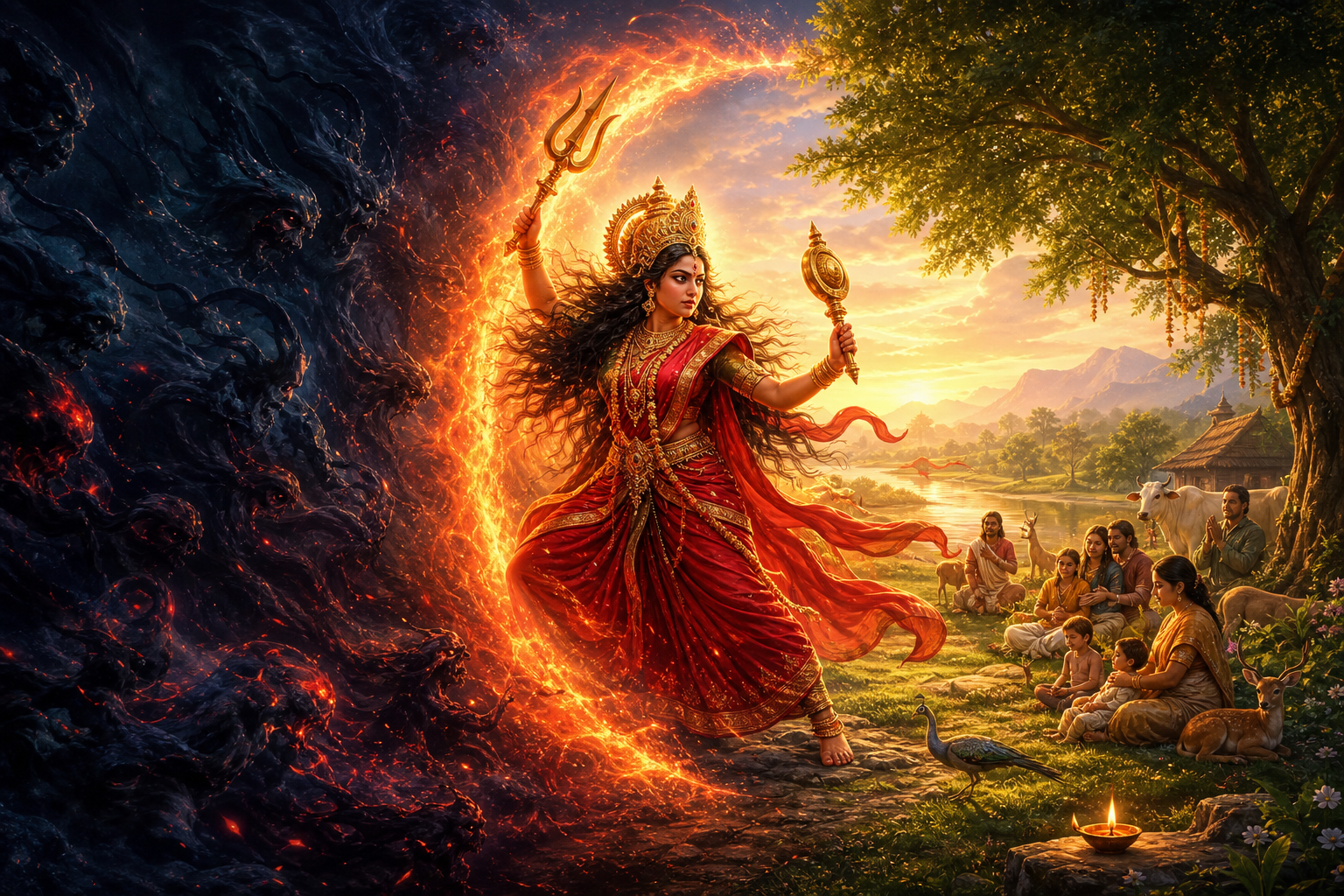 Ugra Chandika stands as a fiery protective barrier between dark hostile forces and a peaceful sanctuary of people, animals, and trees.