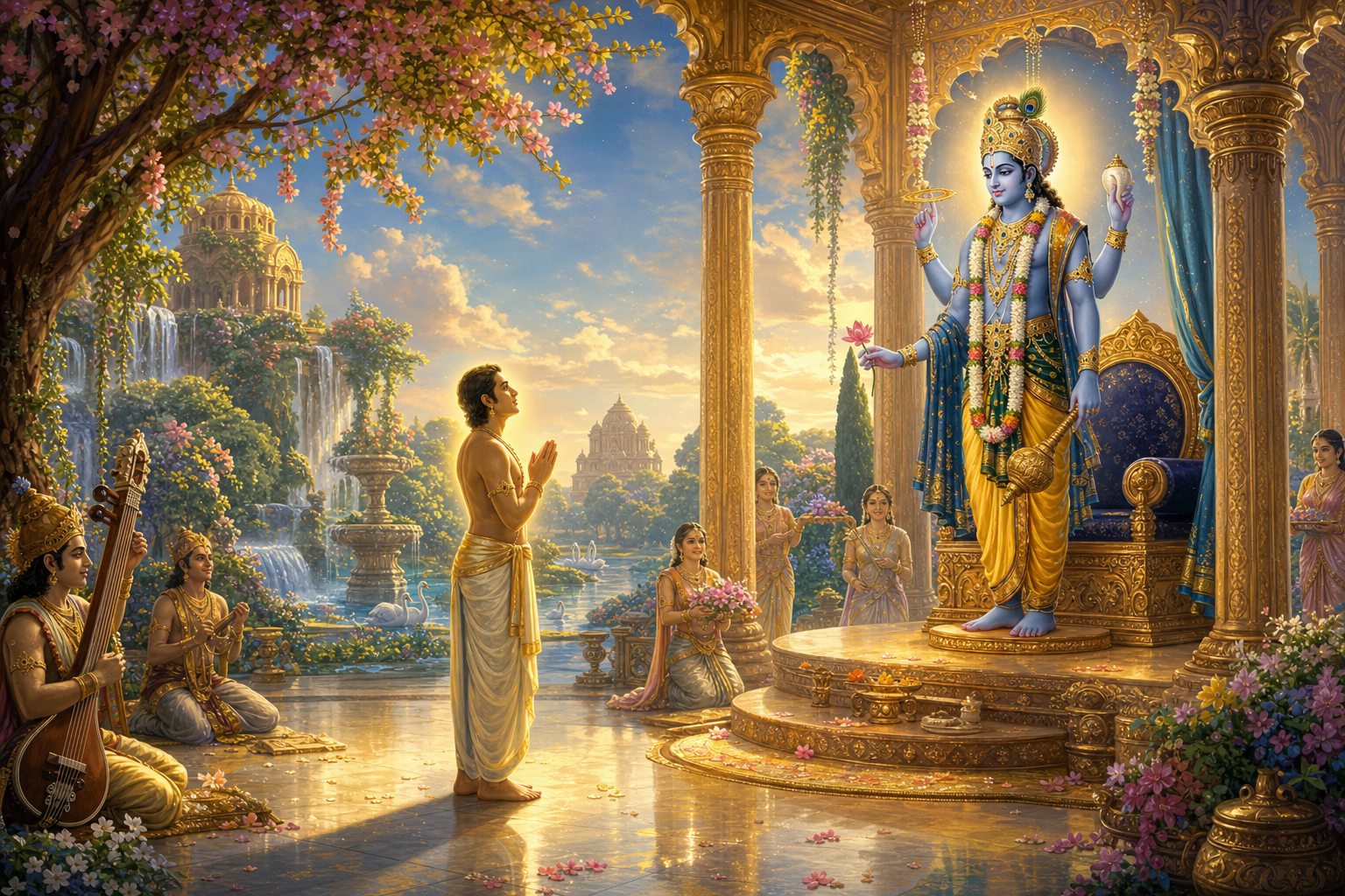 A distinct luminous devotee stands before Vishnu in a celestial temple garden as other figures offer music and flowers.