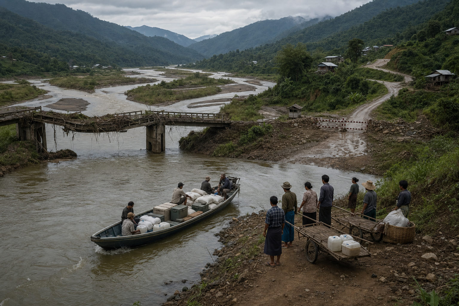 An aid boat approaches local volunteers at a rural river landing while a damaged bridge and closed road block another route.