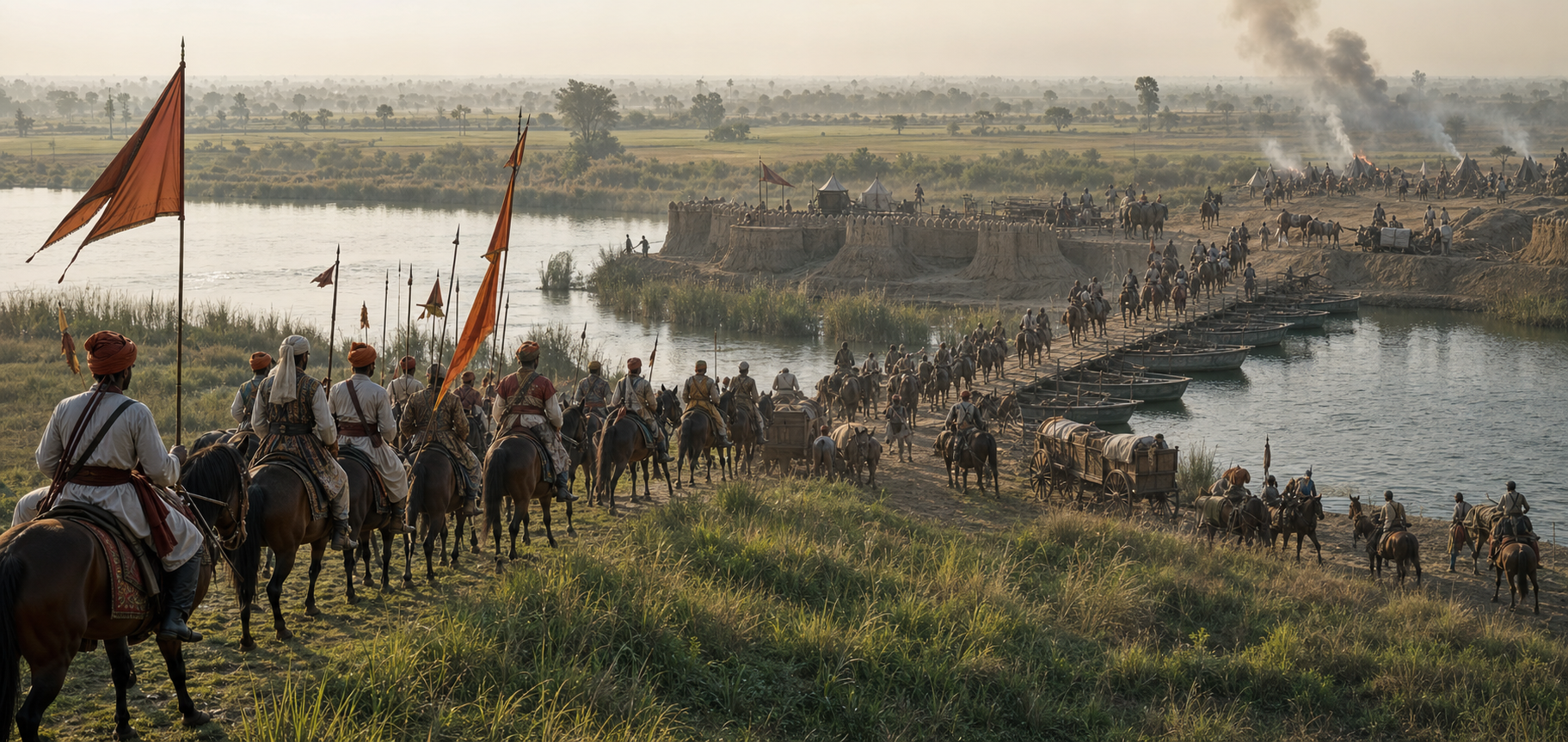 Maratha cavalry advances toward a fortified river crossing as opposing horsemen withdraw with supplies across the upper Gangetic plain.