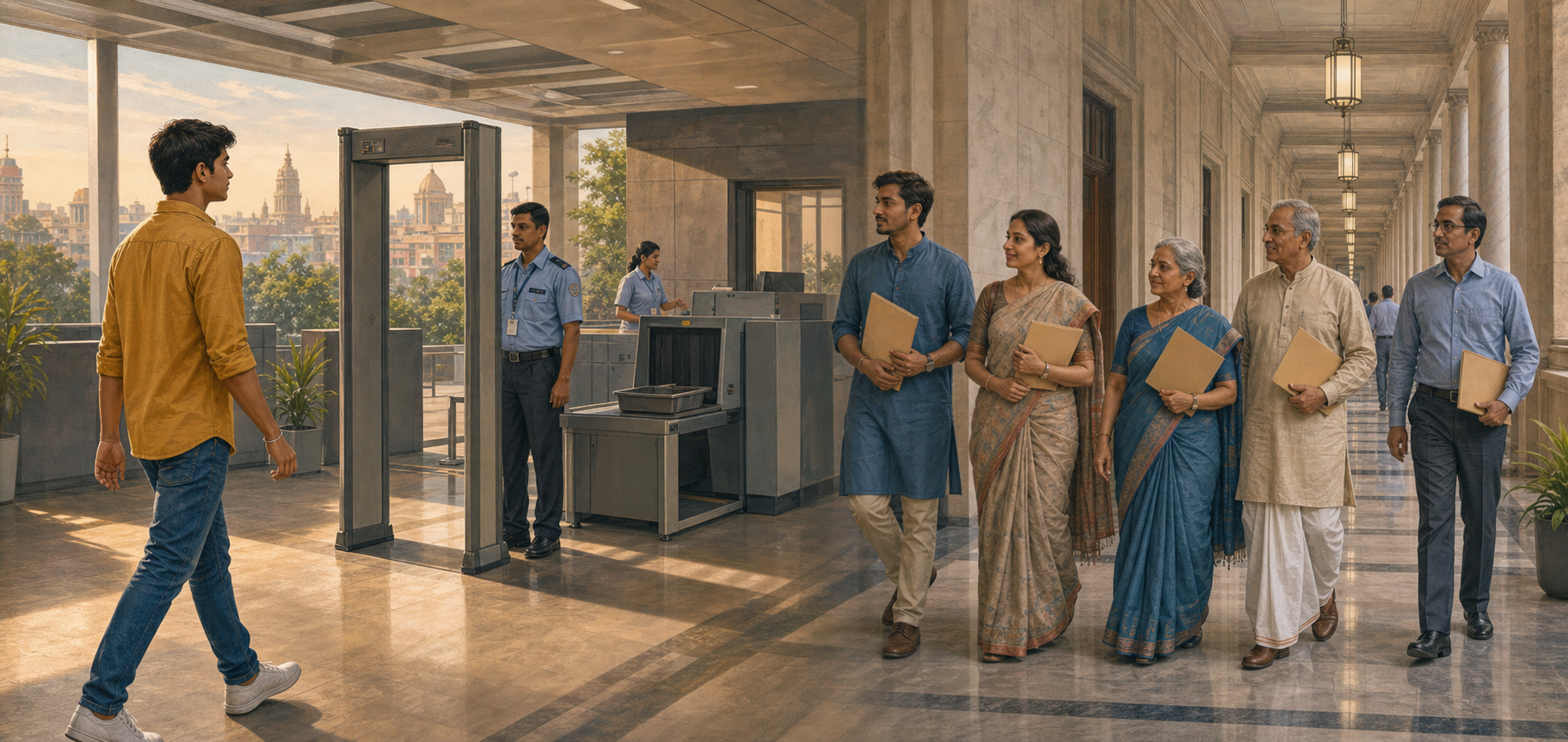 A Hindu student at an examination checkpoint and a Hindu civic delegation in a government office corridor, connected by a continuous pathway.