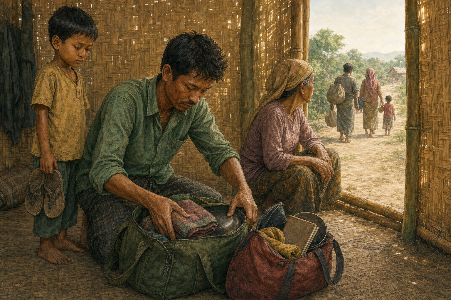 A family packs a few household items inside a temporary bamboo shelter as other displaced people leave along a distant road.