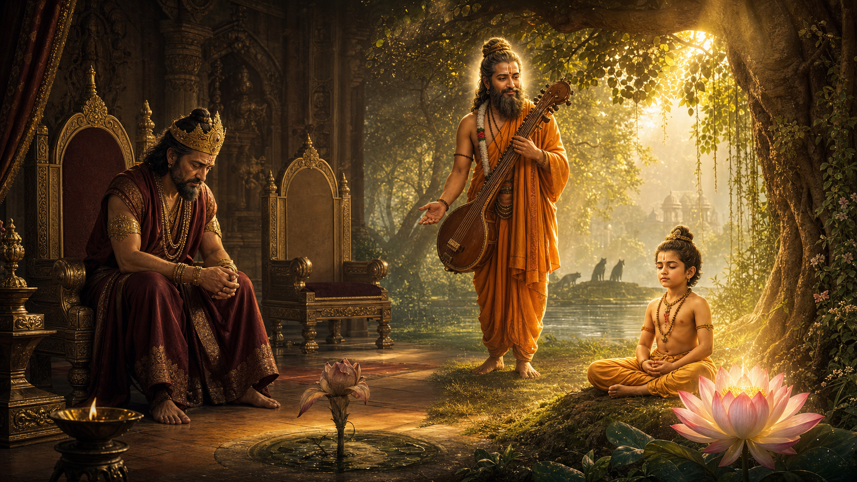 King Uttānapāda sits in remorse as Nārada Muni guides young Dhruva meditating beside a radiant lotus in a sacred forest.
