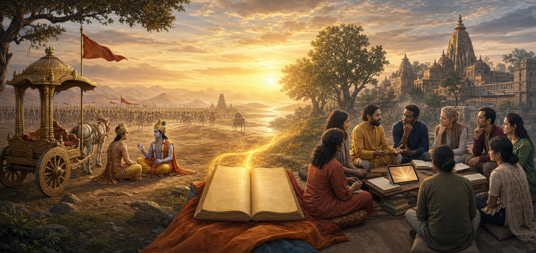 An ancient chariot dialogue at dawn blends into a modern classroom discussion around books and a tablet.