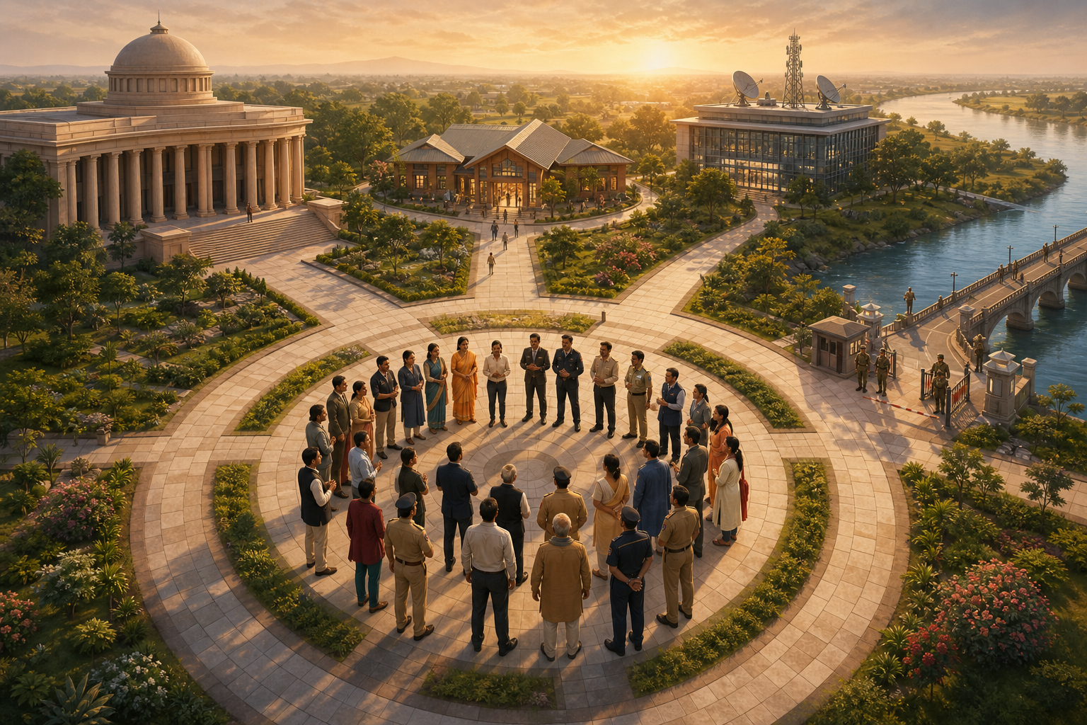 Citizens, community volunteers, legal professionals, and public-safety officers gather in a civic courtyard connected to several layers of security infrastructure.