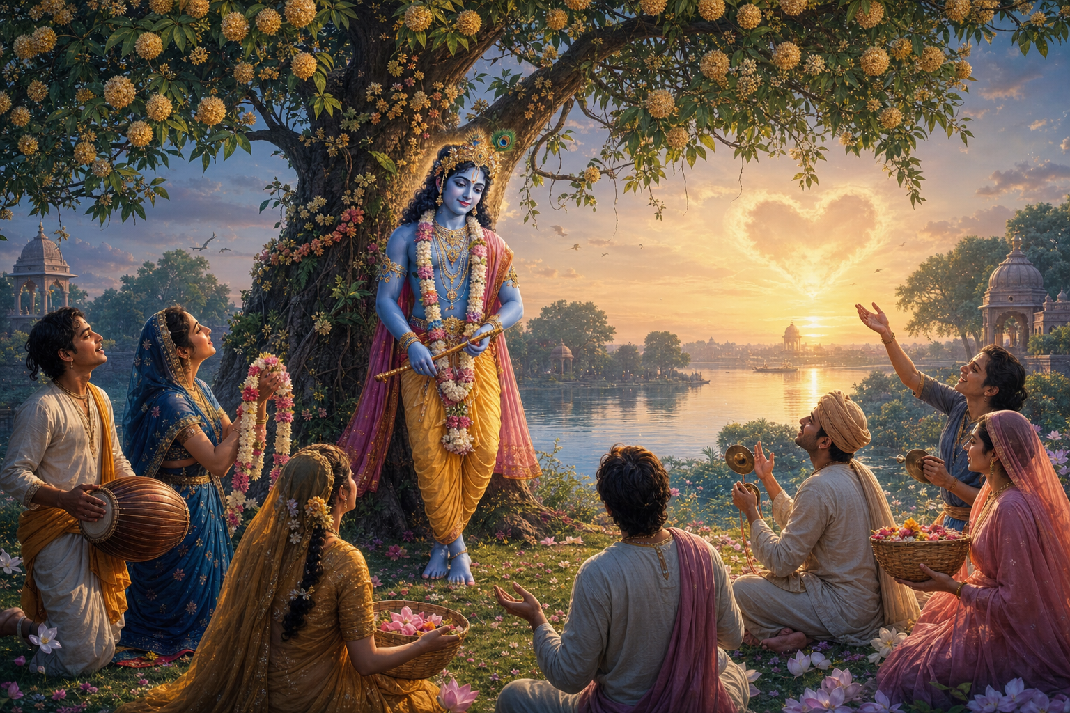 Krishna stands beneath a flowering tree by the Yamuna as devotees approach with garlands, instruments and baskets for service.