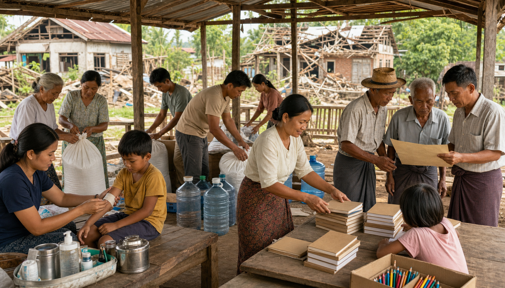 Local health workers, teachers and residents organize a mobile clinic, learning area and relief supplies beside damaged village buildings.