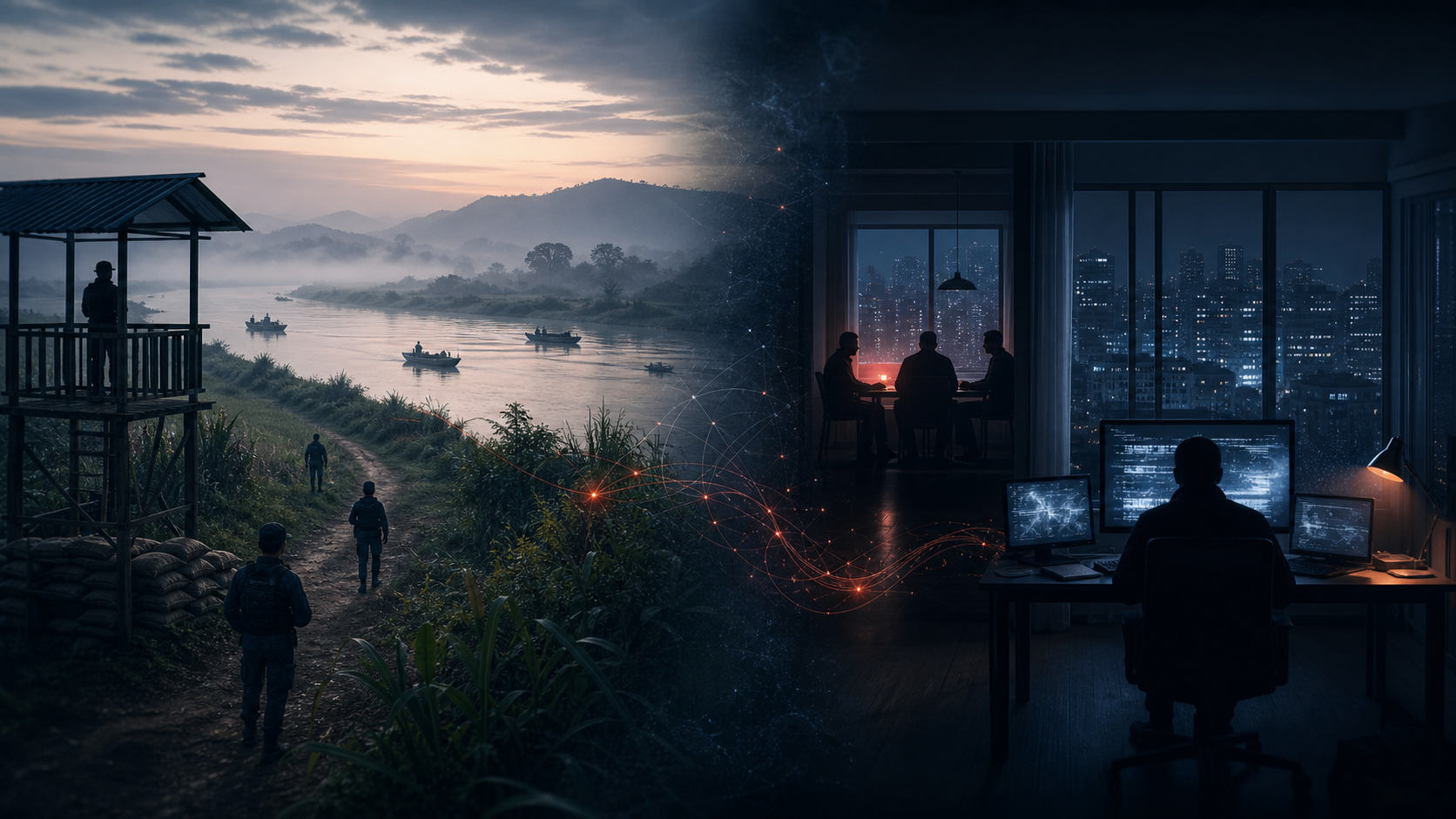 A river border patrol and a distant urban network are shown as separate security settings connected by abstract lines of light.