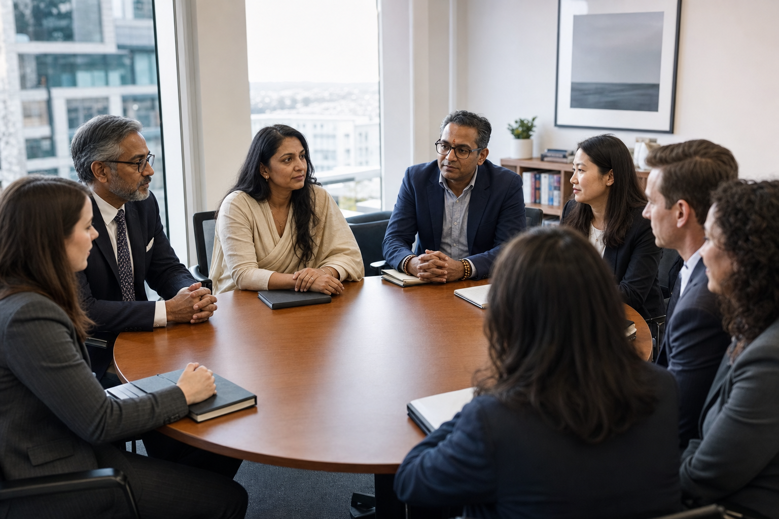 A diverse Hindu delegation discusses community concerns with policy staff around a government office table.