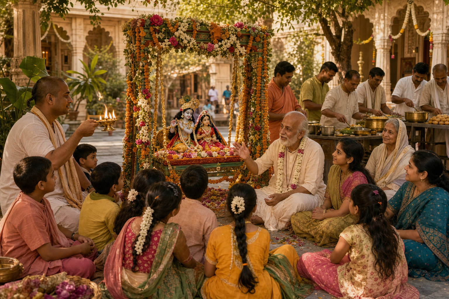 Children and adults learn together during a Vaishnava festival centered on a flower-decorated deity swing, arati, teaching, and feast preparation.