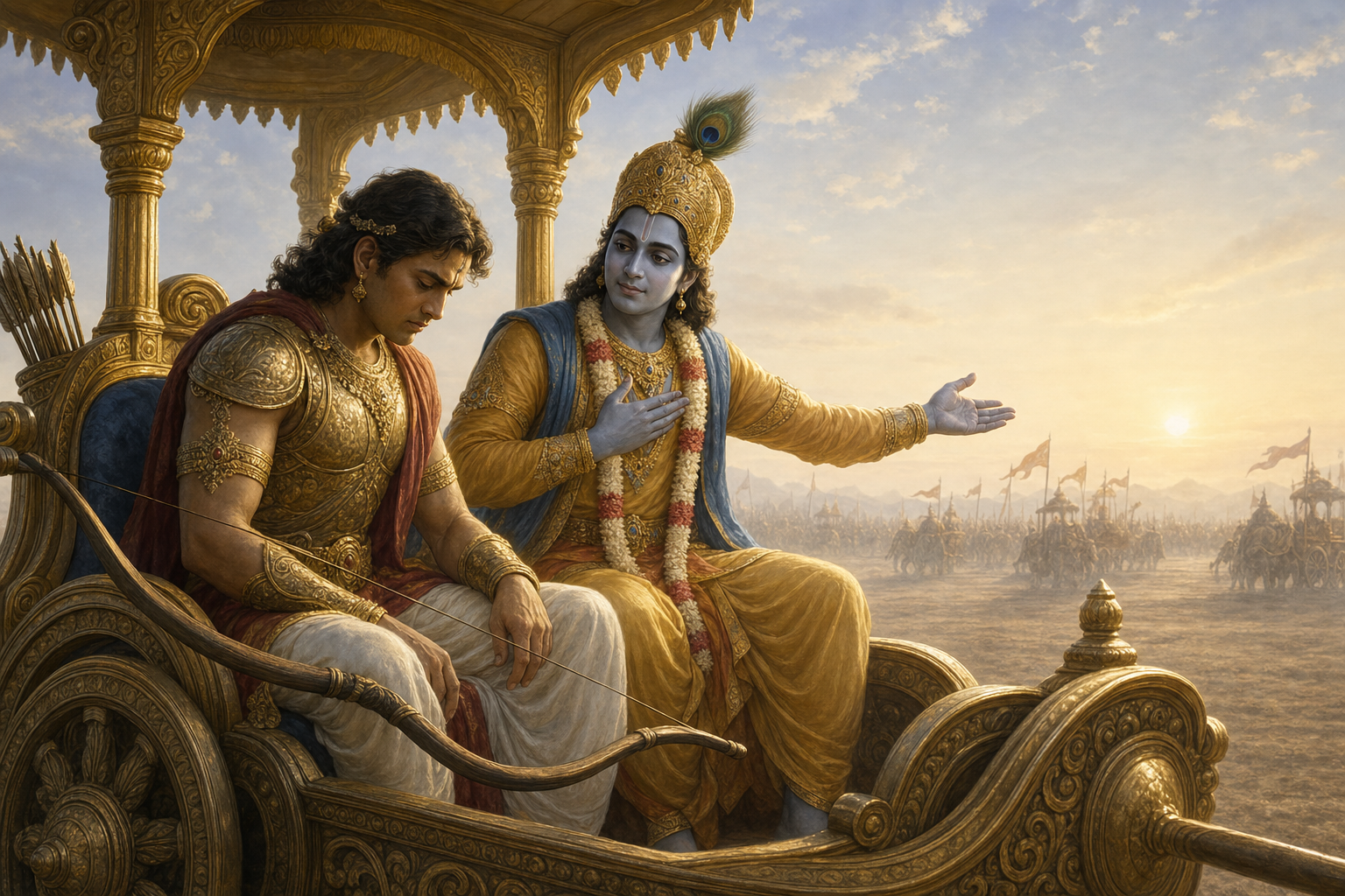 A conflicted warrior lowers his bow while his charioteer-teacher calmly gestures toward him and the distant battlefield.